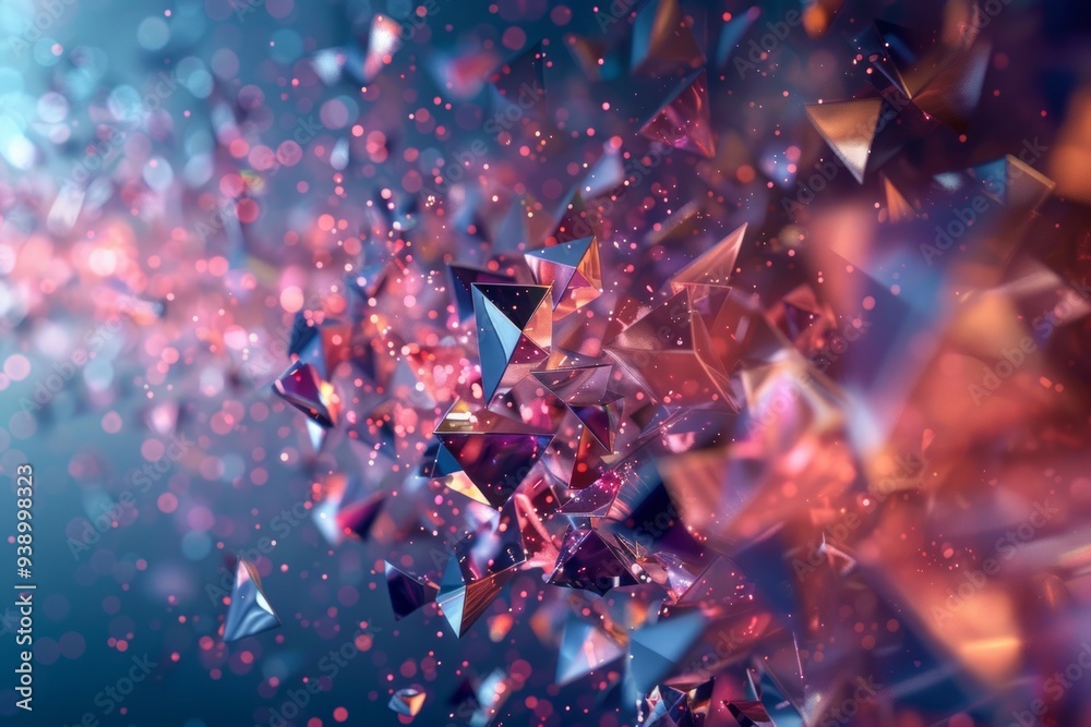 Poster floating triangles and particles swirl in vibrant colors, creating a mesmerizing abstract visual eff