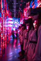 Obraz premium Several people engage in virtual reality activities surrounded by bright, colorful lights in a futuristic setting