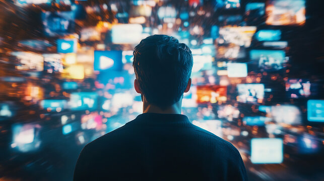 A Caucasian man viewed from behind is observing a dynamic flow of content. This represents the experience of navigating through the metaverse, filled with videos, social media profiles featuring influ