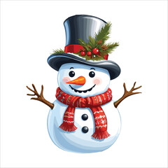 Cheerful Snowman with Top Hat and Scarf