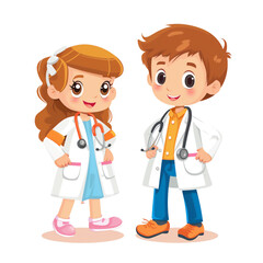 Doctor Cartoon , 2d Doctor , Two Kids wearing doctor uniform