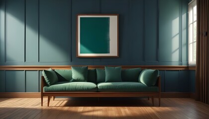Interior mockup In a white room a blue sofa is placed next to a photo frame on the wall