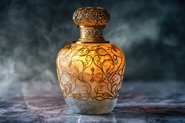 Radiant Essence: Amber Perfume on Iridescent Dreams, generative AI