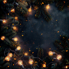 Obraz premium Сhristmas and New Year layout. Fir branches, glowing lamp bulb, golden decoration, lights, garland on blue textured, grunge background. Flat lay. Winter holidays celebration. Copy space. Generative ai