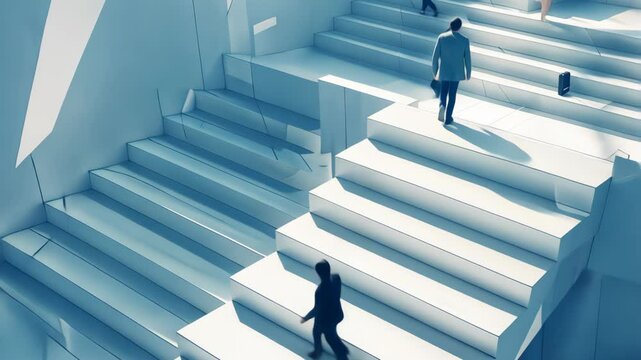 Business people walking on white stairs in different directions symbolizing growth and success in business.