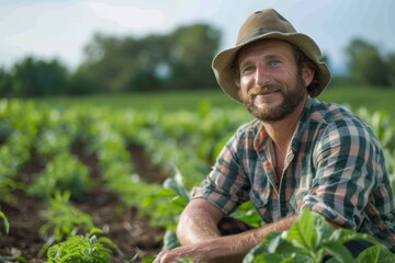 A farmer is kneeling in a vibrant field, tending to his thriving crops on a warm summer day