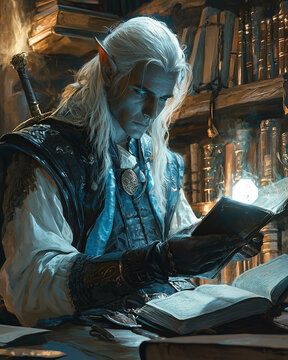 noble elf historian studying ancient texts in a sunlit library, deeply focused on unraveling forgotten histories and magical lore