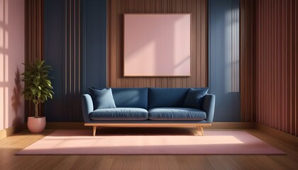 Interior mockup In a white room a blue sofa is placed next to a photo frame on the wall