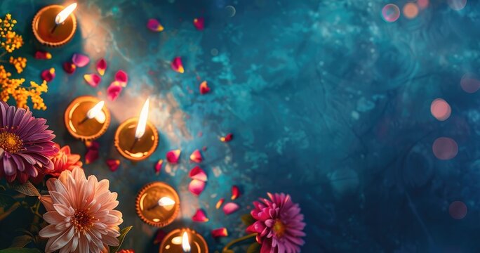 Diwali greeting card featuring sweets fire crackers Diya or flowers focused on specific items