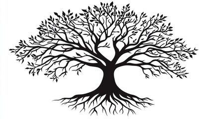 Bold black tree silhouette with roots, cleanly isolated on a white background, vector design emphasizing natural strength and endurance.