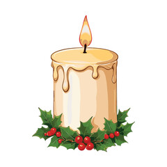 Dripping Cream Candle Surrounded by Holly and Red Berries