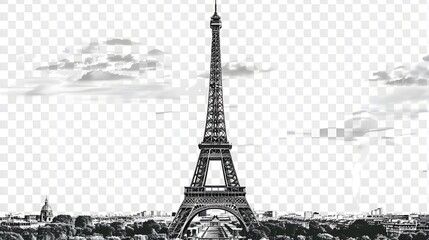 Transparent PNG available Black and white Eiffel tower photo isolated on transparent background, Paris France iconic landmark, 