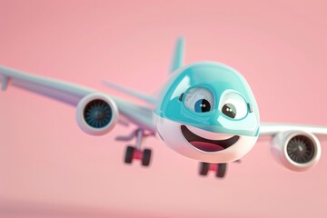 3D Cartoon Airplane with Big Eyes Flying - Child-Friendly Illustration for Print and Posters
