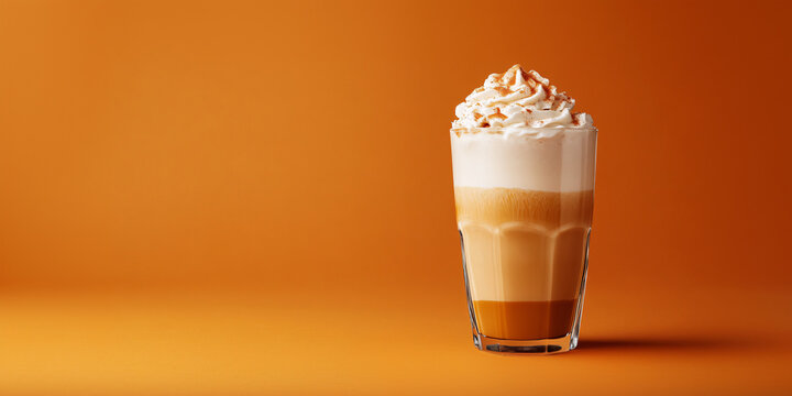 Banner with glass with seasonal pumpkin spice latte on orange background with copy space