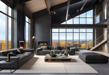 Modern interior of a living room. Penthouse Loft with dark stone walls (3d Rendering)