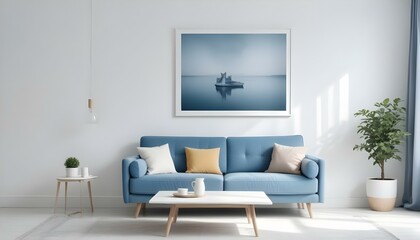 Interior mockup In a white room a blue sofa is placed next to a photo frame on the wall