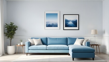 Interior mockup In a white room a blue sofa is placed next to a photo frame on the wall