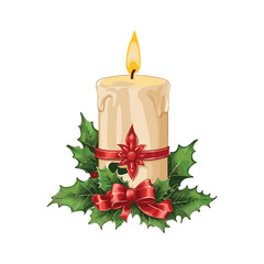 Festive Candle Surrounded by Holly and Red Bows
