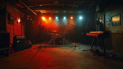 The stage is dimly lit with soft colored lights, showcasing drums, a keyboard, and microphones, awaiting musicians for a memorable live performance