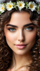 Naklejka premium A beautiful woman with long curly hair adorned with a delicate flower crown her dreamy
