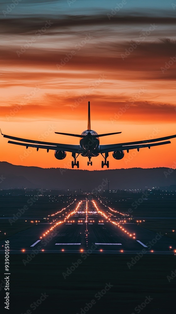 Poster Airplane Landing at Sunset Over Runway Lights