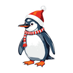 Festive Penguin in Santa Hat and Striped Scarf