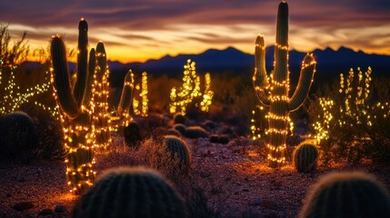 Cactus Christmas Lights at Sunset