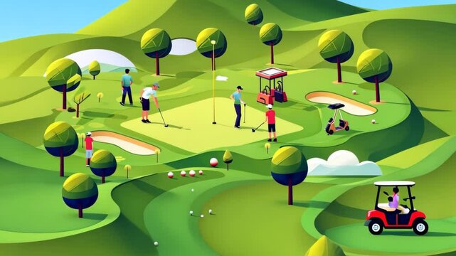 Golf training isometric composition with people playing golf on a green grass field with trees illustration.