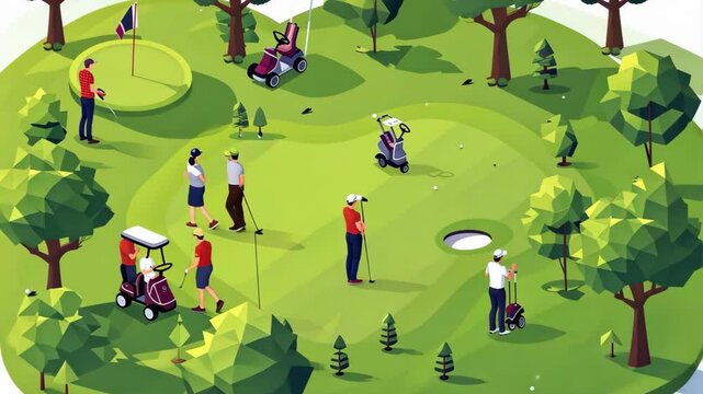 Golf training isometric composition with people playing golf on a green grass field with trees illustration.
