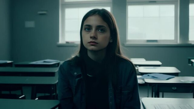 Sad tired girl sits in dark empty school classroom, left after lessons, punishment. Upset high schoolgirl portrait. Bad behavior. Problems, childhood depression. Teen mental health. Hard study, exams.