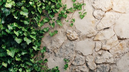 The stone wall features rough, textured surfaces partially engulfed by lush green vines, creating a charming contrast of nature and architecture