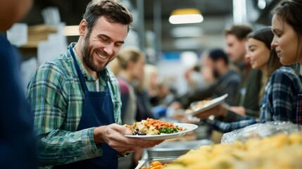 A dedicated volunteer smiles while serving a delicious plate of food to a person waiting in line during a community meal event, creating a warm atmosphere of generosity and kindness