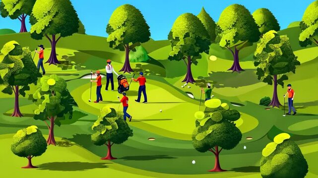 Golf training isometric composition with people playing golf on a green grass field with trees illustration.