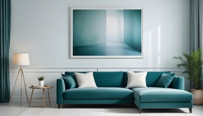 Interior mockup In a white room a blue sofa is placed next to a photo frame on the wall