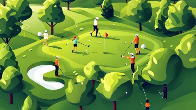 Golf training isometric composition with people playing golf on a green grass field with trees illustration.