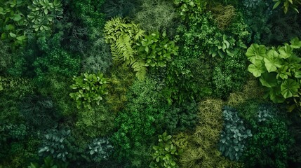 Obraz premium A Top View of a Vertical Garden Wall Covered in Beautiful, Lush Green Moss and Various Plants, Creating a Natural Pattern with Rich Greenery Texture, Perfect for Wallpaper Design and Evoking a Forest 
