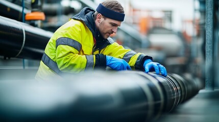 A technician in a bright yellow jacket and blue gloves is meticulously inspecting large pipes at a commercial facility, ensuring quality and safety standards