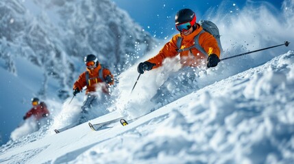 A group of skiers carves through fresh snow on a stunning mountain slope under clear blue skies