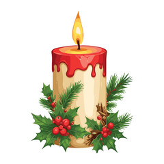 Red Topped Candle Surrounded by Holly and Pine