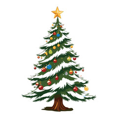 Snowy Christmas Tree with Colorful Ornaments and Star