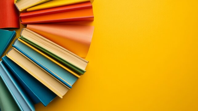 A colorful assortment of hardcover books is creatively arranged in a fan pattern against a bright yellow background, evoking a sense of joy and encouraging reading - Powered by Adobe