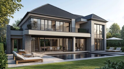 A contemporary country house features a spacious balcony door that opens to a well-furnished outdoor area, perfect for relaxation on a sunny day