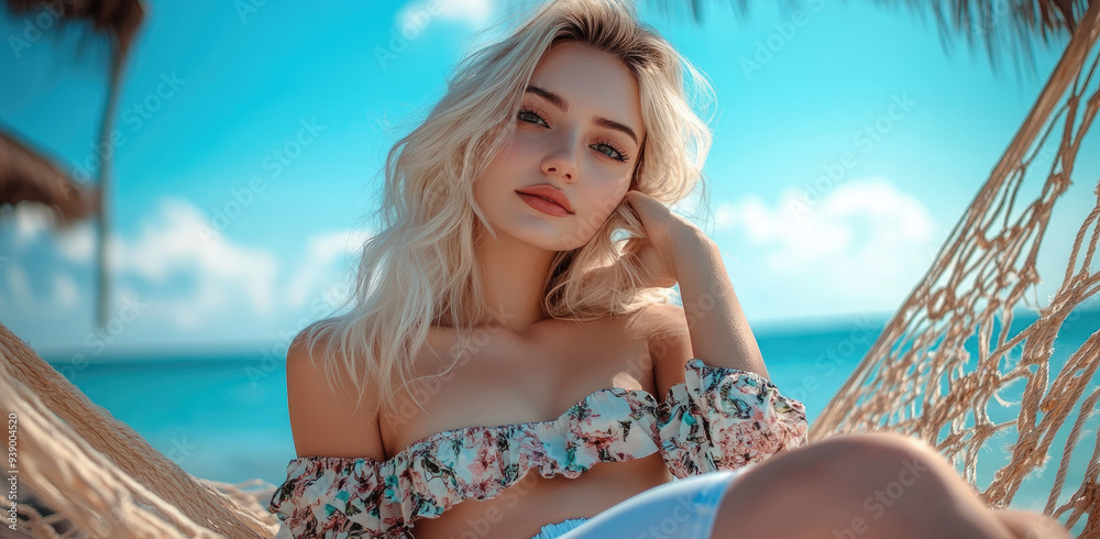 Poster A beautiful blonde woman in white shorts and an off-the-shoulder top is sitting on the beach