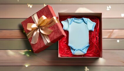 A charming blue baby onesie presented in a beautifully wrapped gift box, perfect for baby showers and welcoming newborns.