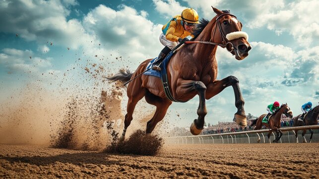 A thrilling horse race unfolds with jockeys clad in brightly colored silks, as they compete vigorously on a sandy racetrack under an expansive sky filled with clouds