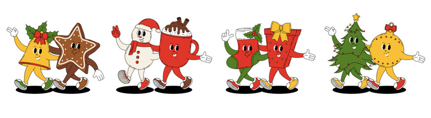 Groovy retro Merry Christmas and Happy New year. Christmas characters in groovy style. Christmas tree, toy, bell, boot, gift, mug of hot chocolate, snowman, gingerbread.