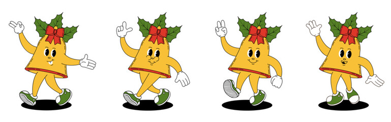 Fototapeta premium Groovy retro Christmas bell. Christmas characters in groovy style.