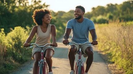 Obraz premium A young Afro American couple rides bikes together, laughing and enjoying each other's company on a warm, sunny afternoon surrounded by nature