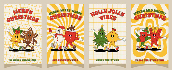 Groovy retro Merry Christmas and Happy New year posters. Set of christmas characters for posters, party invitations, greeting cards, stories template, postcard, prints in groovy style.