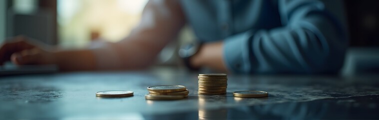 Close-up of stacked coins on a table with a blurred person working in the background